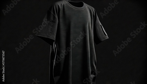  a black t - shirt with a pocket on a hanger on a black background with a shadow of a person standing in the dark room.