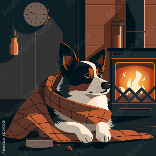 A happy dog is lying under a blanket against the background of a fireplace and a cozy interior. Comfort and tranquility, warm colors. A bowl of food and a home. High-quality vector illustration