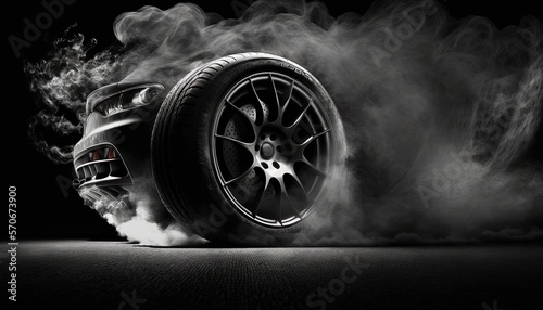  a black and white photo of a car with smoke coming out of it's tires on a black background with a black background and white backdrop.