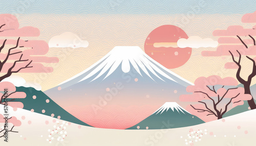 A Japanese-themed vector illustration with a pastel color scheme, Oriental landscape and the iconic Mount Fuji, decorated with traditional Japanese patterns. Generative AI