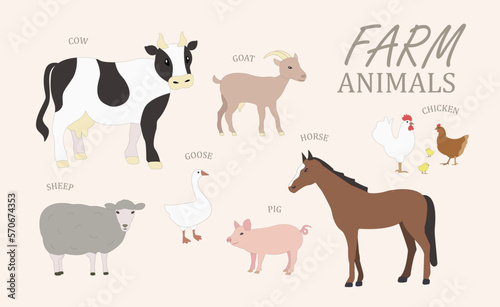 Farm animals  cow  pig  horse  sheep. goat  chicken  goose  poultry  sketch style set with animals  realistic animals set for educational purpuse.