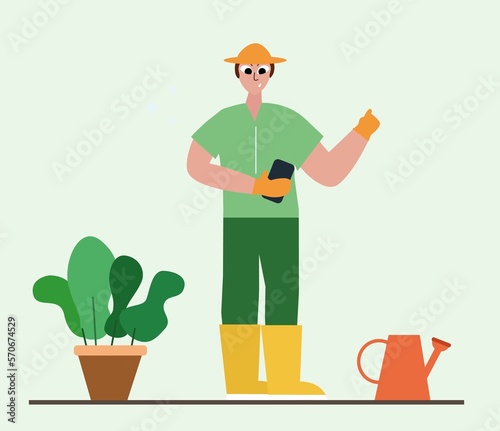 Man planting gardens flowers, agriculture gardener hobby and garden job flat vector illustration