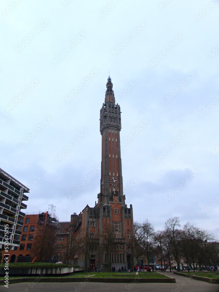 Lille, September 2022: Magnificent facades of the buildings of Lille, the capital of Flanders - Historic Monument : Belfry Lille, September 2022: Magnificent facades of the buildings of Lille, the capital of Flanders - Historic Monument : Belfry