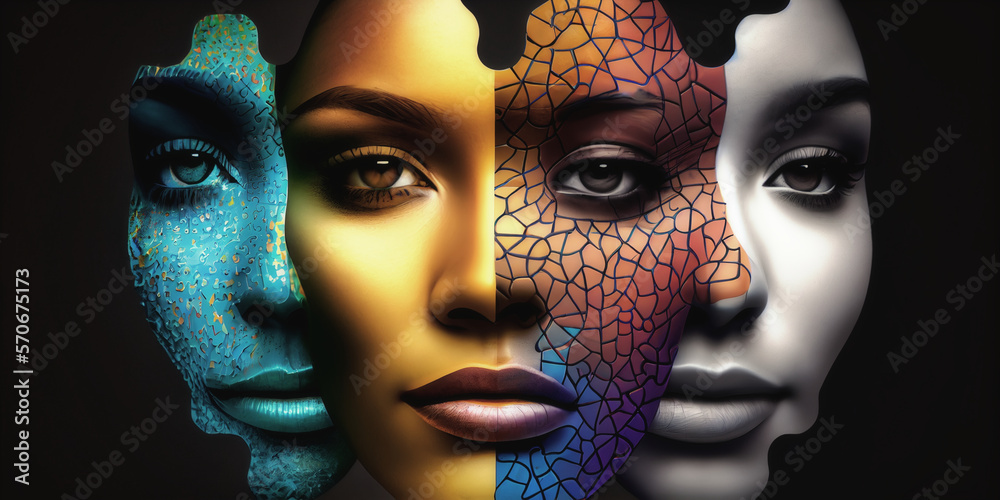 0 Human face formed by four puzzle figures. Generative AI.