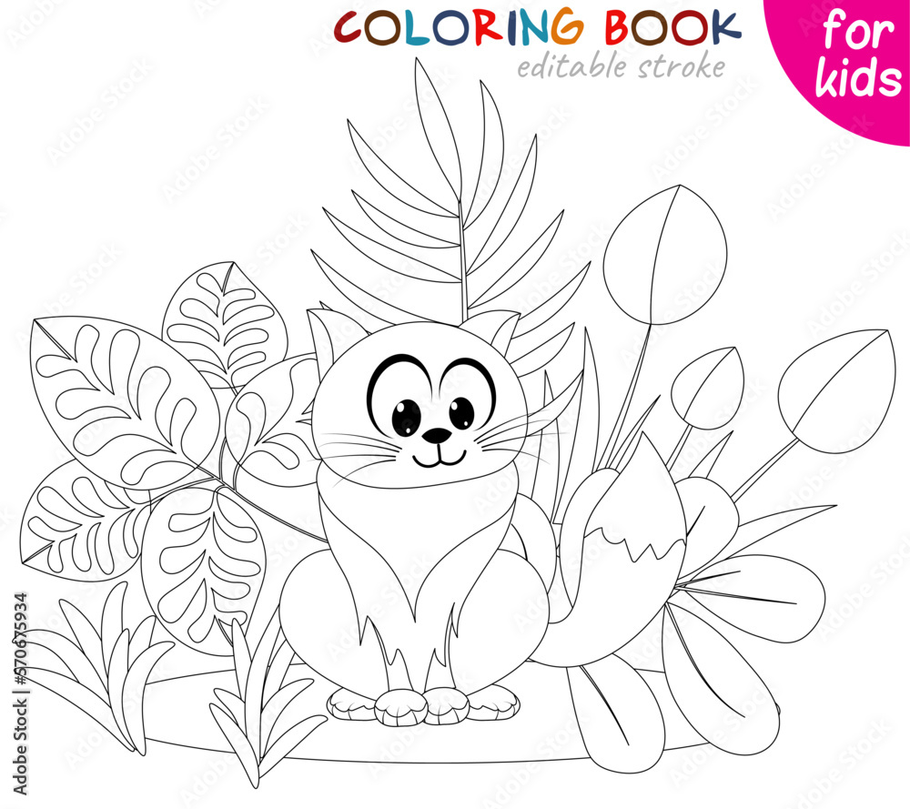Fototapeta premium Cat on the background of plants. Coloring book page template for children