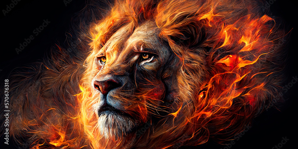 Lion on fire for background. Generative AI