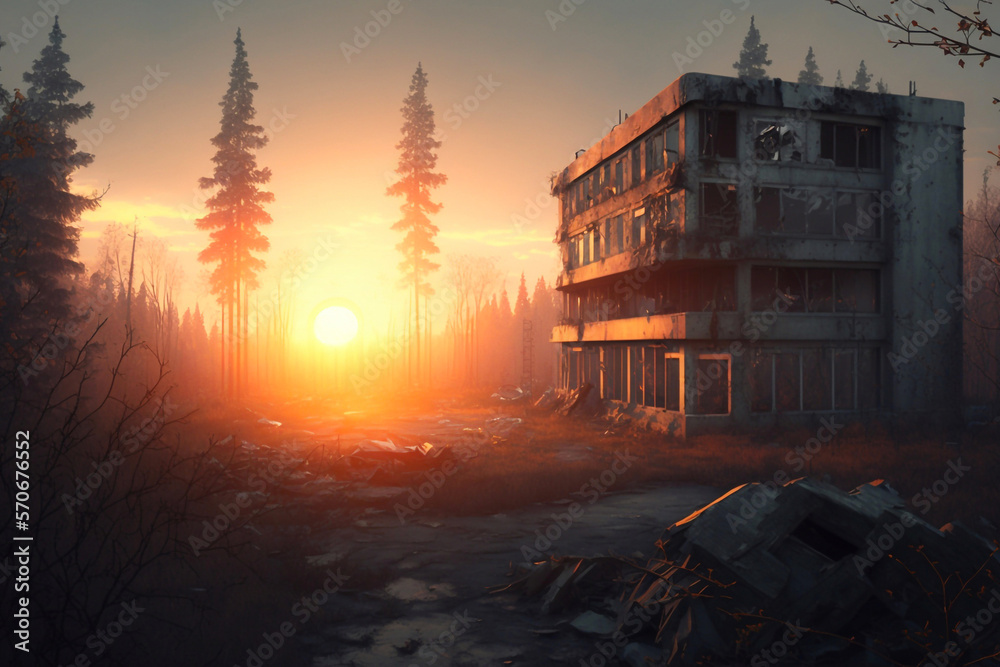 Sunrise in the abandoned city. Generative AI