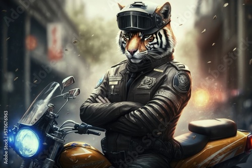 tiger in a police suit on a police motorbike Generative AI