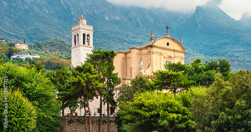 Malcesine town, Italy. Cahedral church architecture, Garda Lake, Veneto region, Italy. photo