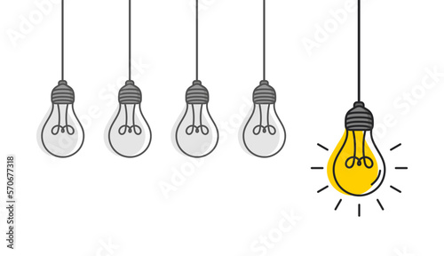 Hanging light bulbs with one glowing on white background. Concept of idea