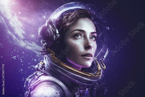 Attractive woman in spacesuit. Generative AI