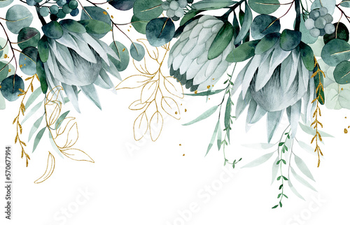 watercolor drawing. seamless border with tropical flowers and leaves. protea flowers and eucalyptus leaves with golden elements