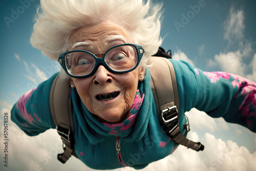 Canvas Print Grandma skydiving - Generative AI