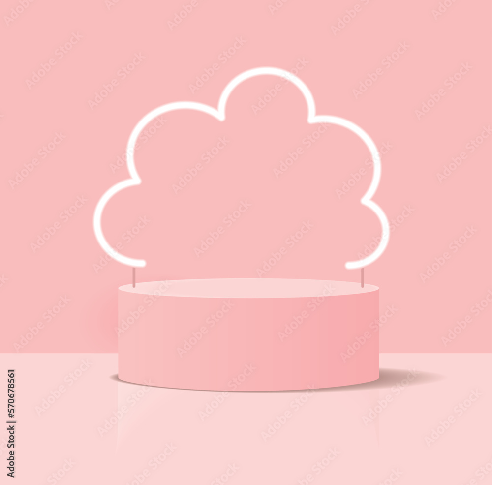 Minimalist 3D Pastel Pink Vector Composition with a Low Cylindrical Podium and a White Neon Cloud in the Background, ideal for Product Presentation. Simple Geometric Mokup Product Display.Round Stage. - obrazy, fototapety, plakaty 