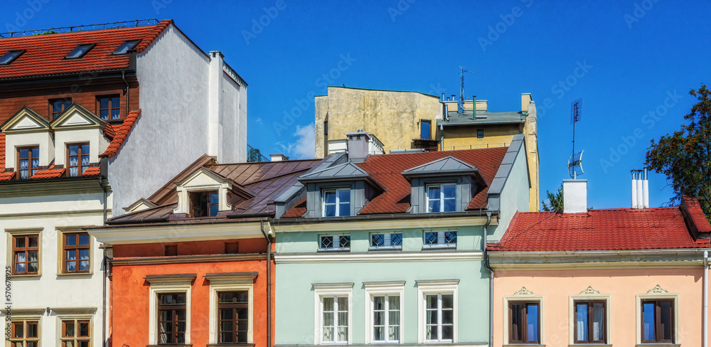 House fronts on Szeroka Street in Kazimierz, Krakow, Poland