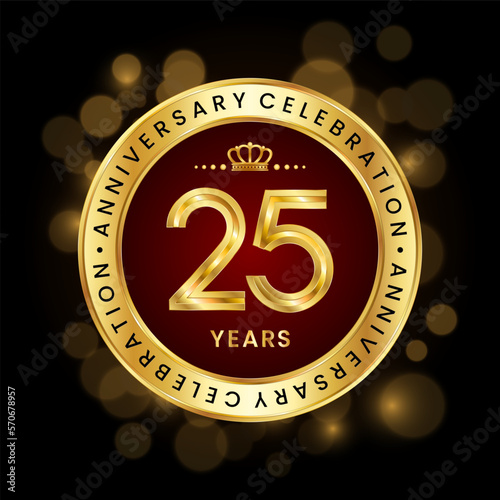 25th Anniversary Celebration. logo design with golden number and ring for birthday celebration event, invitation, greeting card, banner, poster, flyer, brochure, book cover. Logo Vector Template