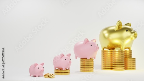 Piggy bank investment growth up golden coins golden pig finance  concept 3d blender