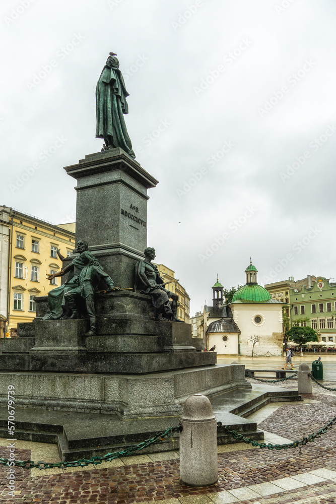 Adam Bernard Mickiewicz Monument at Main Market Square in Krakow, Poland.