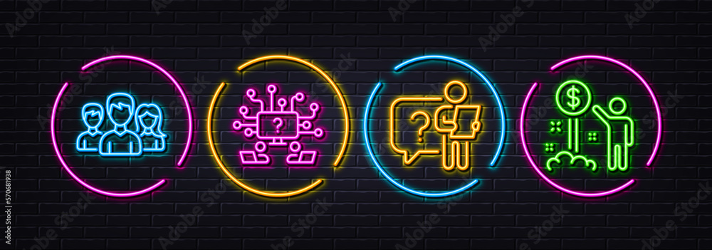 Teamwork, Search employee and Teamwork question minimal line icons. Neon laser 3d lights. Income money icons. For web, application, printing. Vector