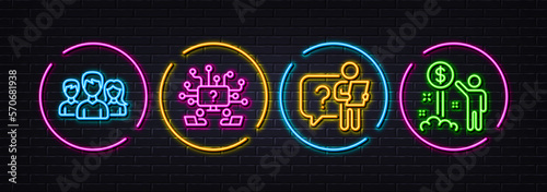 Teamwork, Search employee and Teamwork question minimal line icons. Neon laser 3d lights. Income money icons. For web, application, printing. Vector