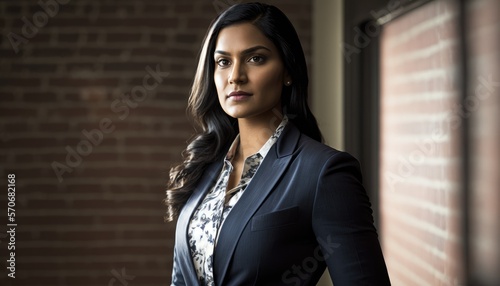 Portrait of ethnic Indian American Business woman in office, generative ai photo