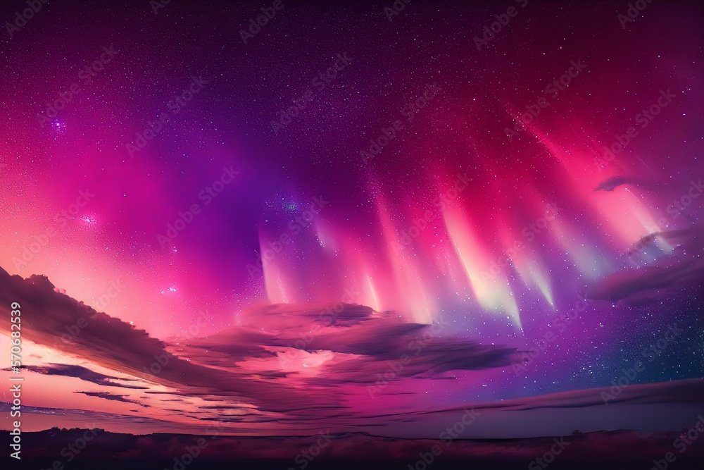 Pink aurora borealis, morthern lights over ice and snow landscape.