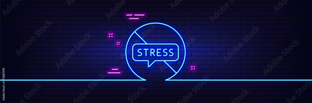 Neon light glow effect. Stop stress line icon. Anxiety depression sign. Mental health symbol. 3d line neon glow icon. Brick wall banner. Stop stress outline. Vector