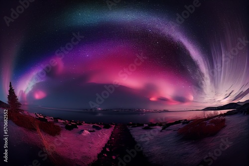 Pink aurora borealis, morthern lights over ice and snow landscape. photo