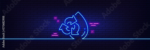 Neon light glow effect. Water drop line icon. Recycle clean aqua sign. Refill liquid symbol. 3d line neon glow icon. Brick wall banner. Recycle water outline. Vector