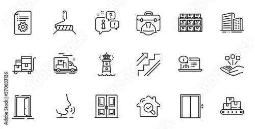 Outline set of Stairs, Inspect and Wholesale goods line icons for web application. Talk, information, delivery truck outline icon. Include Online documentation, Lighthouse, Consolidation icons. Vector