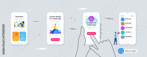 Set of People voting, Smartphone waterproof and Wholesale inventory line icons. Phone ui interface. Include Wholesale goods, Vip award, Card icons. Vector