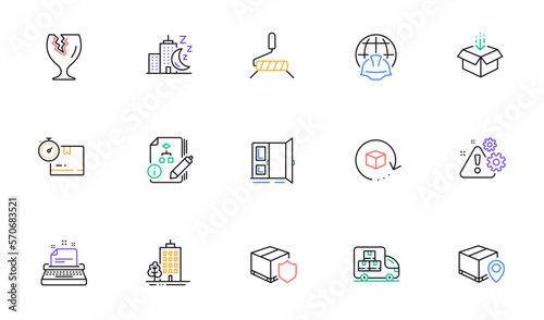 Open door, Algorithm and Night city line icons for website, printing. Collection of Typewriter, Warning, Paint roller icons. Delivery truck, Delivery insurance, Global engineering web elements. Vector
