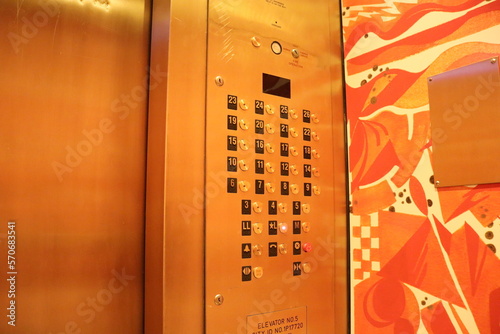 New York Hotel elevator floor buttons concept photo. Numbers on buttons in elevator.