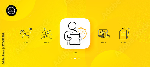 Online shopping, Delivery man and Grow plant minimal line icons. Yellow abstract background. Journey, Documents icons. For web, application, printing. Black friday, Express courier, Leaves. Vector