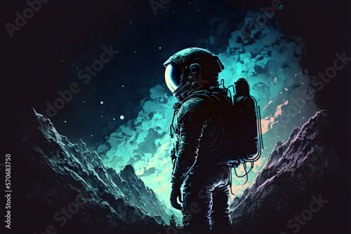 astronaut stands on an alien planet against the background of the starry sky:Astronaut,