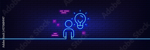 Neon light glow effect. Business idea line icon. Human with lightbulb sign. symbol. 3d line neon glow icon. Brick wall banner. Group people outline. Vector
