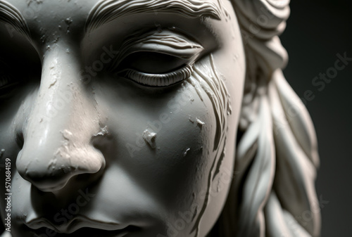 Close-up estatua de mármol, mujer llorando, detalles preciosos, creada con IA generativa