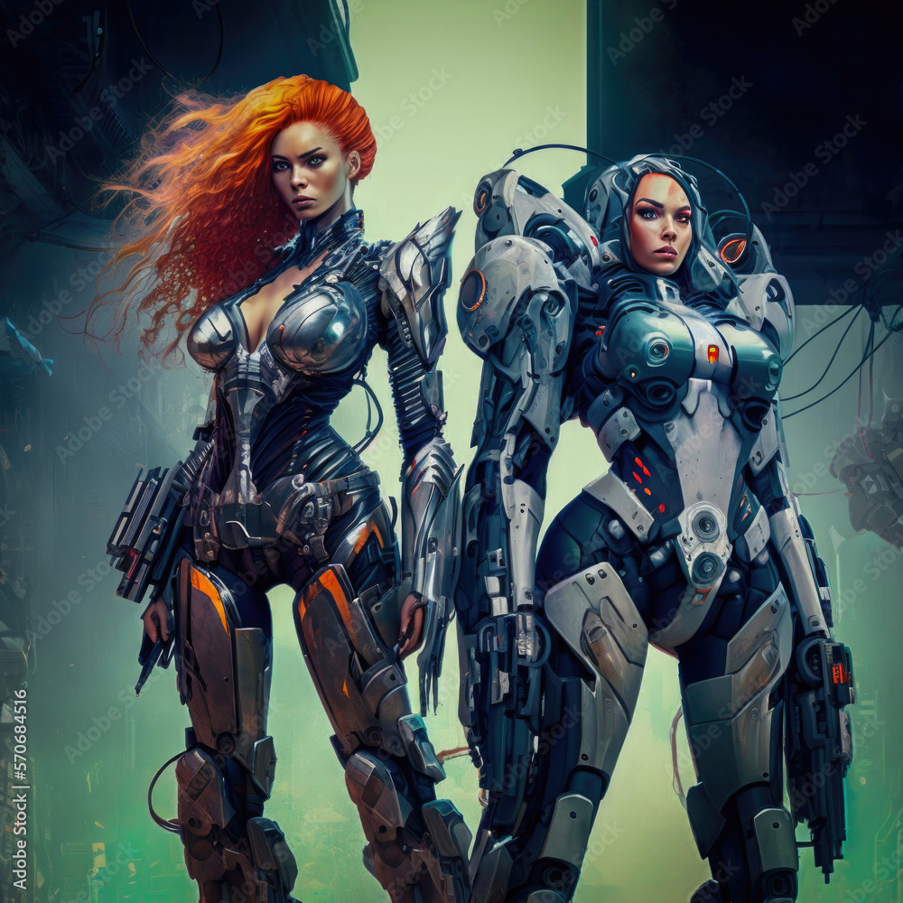 A female fantasy warrior with long red hair,