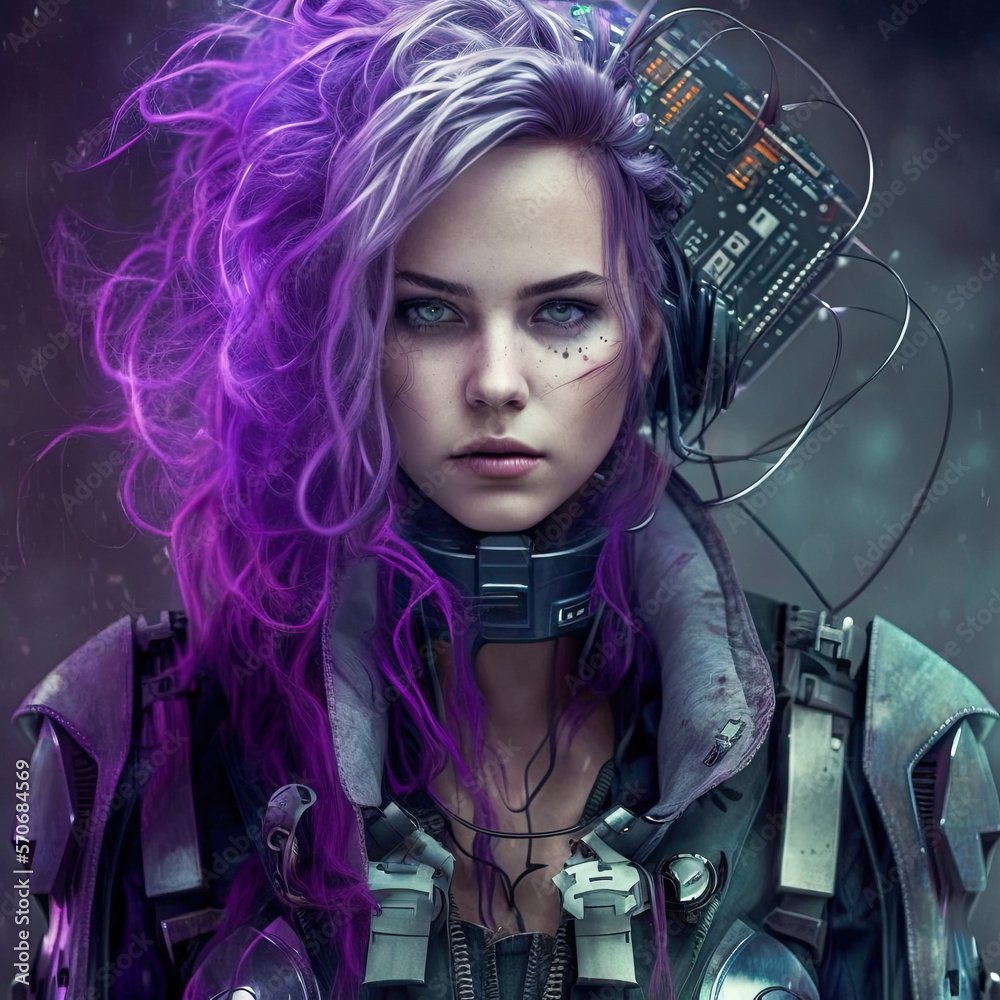 detailed robot woman or humanoid cyber girl with purple hair