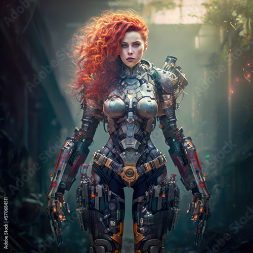 A female fantasy warrior with long red hair 