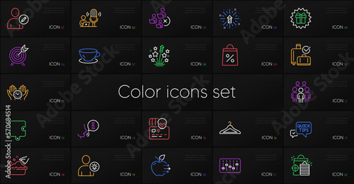 Set of Dj controller, Cyber attack and User idea line icons. Include Espresso, Seo shopping, Remove team icons. Food delivery, Fireworks explosion, Edit user web elements. Archery. Vector