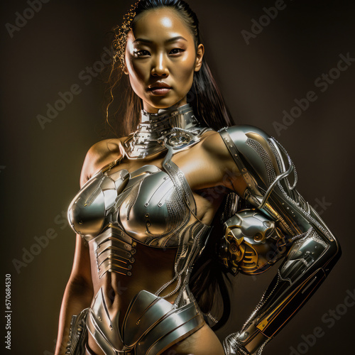 Foto a female asian woman cybernetically enhanced woman with a metal endoskeleton