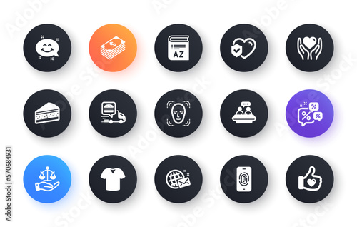 Minimal set of World mail, Food delivery and Life insurance flat icons for web development. Face detection, Employees talk, T-shirt icons. Dollar, Smile chat, Hold heart web elements. Vector