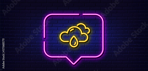 Neon light speech bubble. Rainy weather forecast line icon. Clouds with rain sign. Cloudy sky symbol. Neon light background. Rainy weather glow line. Brick wall banner. Vector