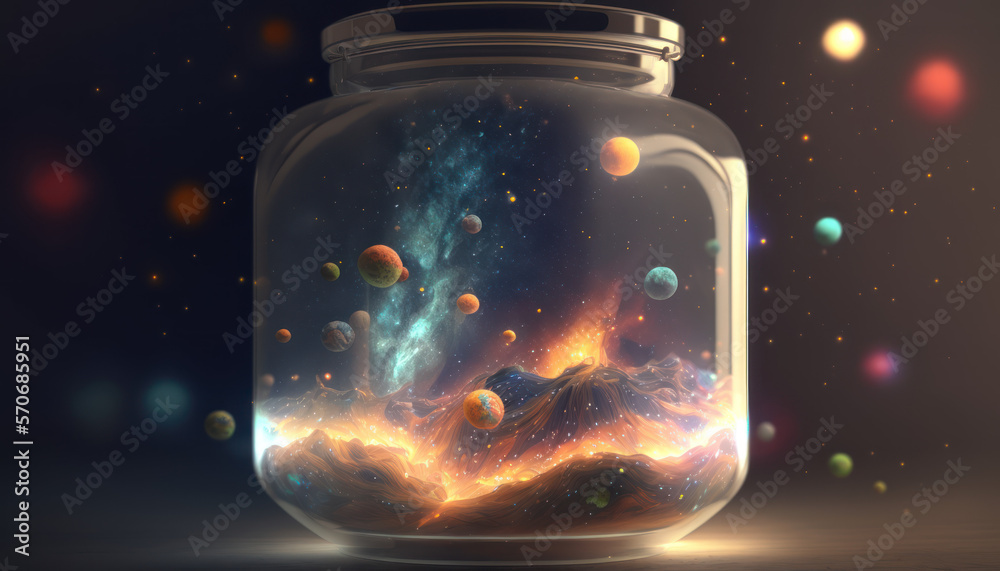 Galaxie im Einmachglas, farbenfroh leuchtend mit verschiedenen Planeten Galaxie im Einmachglas, farbenfroh leuchtend mit verschiedenen Planeten