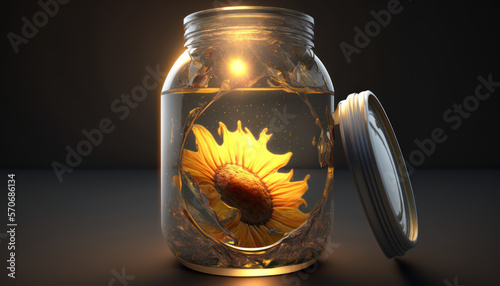 Sonnenblume konserviert in einem Einmachglas, leuchtend in warem Farben