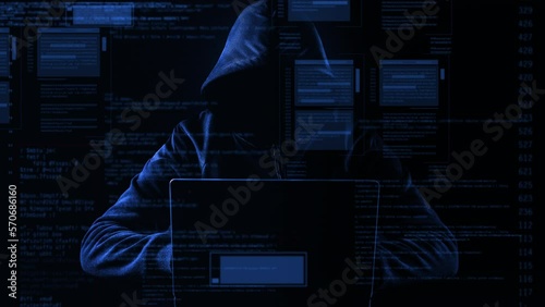 Hacking and technology crime concept. No face hacker with laptop with abstract programming code elements.