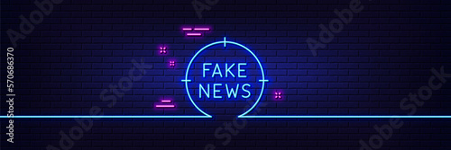Neon light glow effect. Fake news line icon. Propaganda conspiracy target sign. Wrong truth symbol. 3d line neon glow icon. Brick wall banner. Fake news outline. Vector