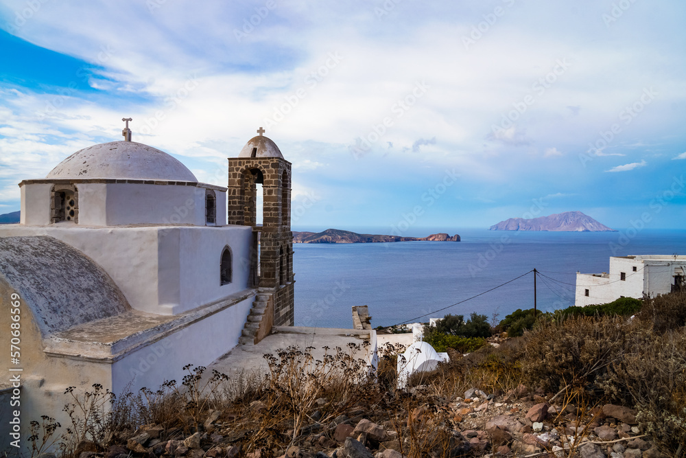 White church on Milos Greek Island by the sea in the Cyclades