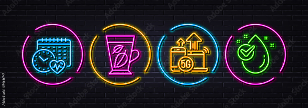 Cardio calendar, 5g internet and Mint leaves minimal line icons. Neon laser 3d lights. Water drop icons. For web, application, printing. Fitness time, Wireless technology, Mentha leaf. Vector Cardio calendar, 5g internet and Mint leaves minimal line icons. Neon laser 3d lights. Water drop icons. For web, application, printing. Fitness time, Wireless technology, Mentha leaf. Vector